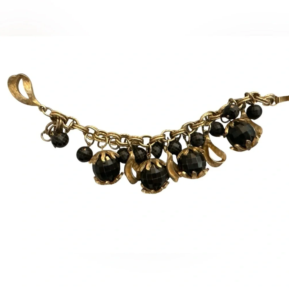 Black Faceted Resin Bead and Gold Bracelet Vintage